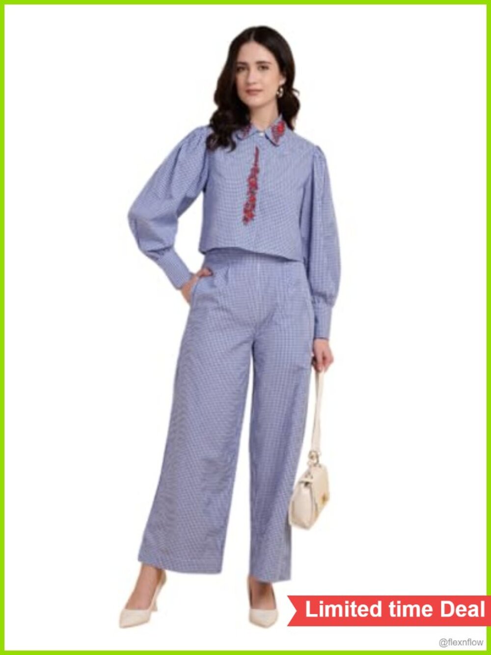 Women Gingham Embroidered Cotton Lounge Matching Set Long Sleeve Pants Travel